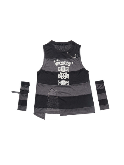 Ensemble gilet à carreaux d'époque + jupe rayée + sans manches + manches rythmées