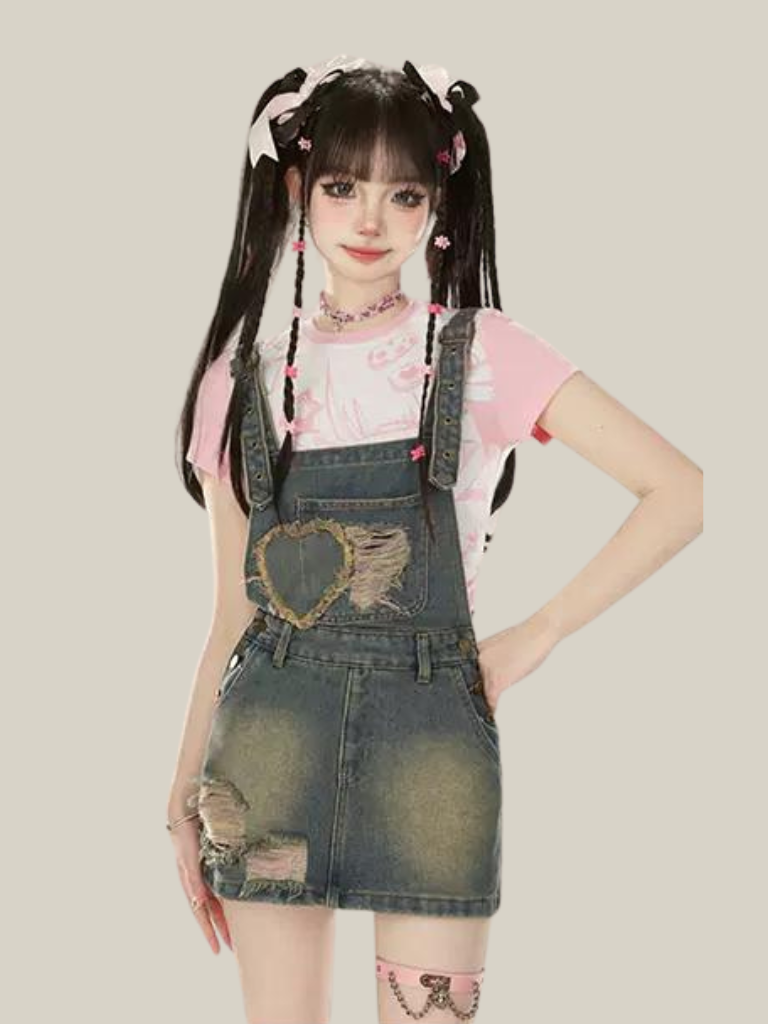 コントラストデニムサスペンダーピンクシャツスカートチェックルーズ+カラー