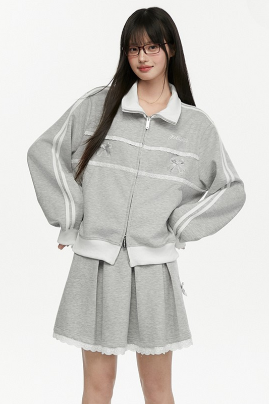 pleated + ribbon line skirt Lace jacket