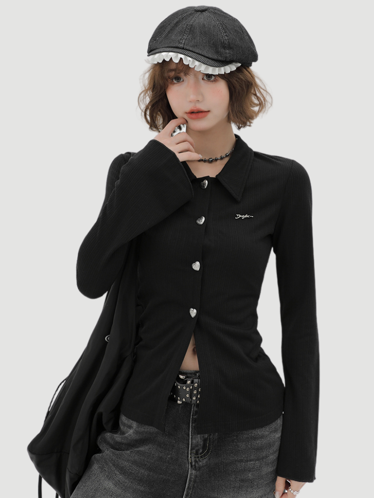 Knit Bell Black Slim Polo Collar Cardigan Sleeve Retro