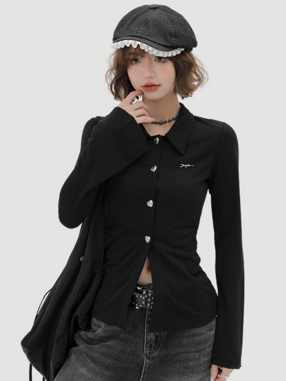 Knit Bell Black Slim Polo Collar Cardigan Sleeve Retro