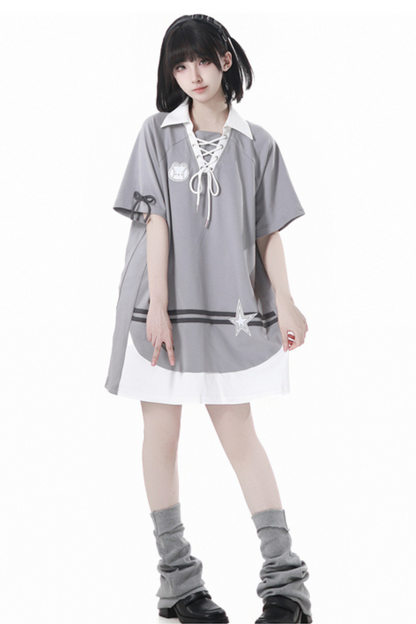 hooded skirt Lace-up top + loose t-shirt balloon