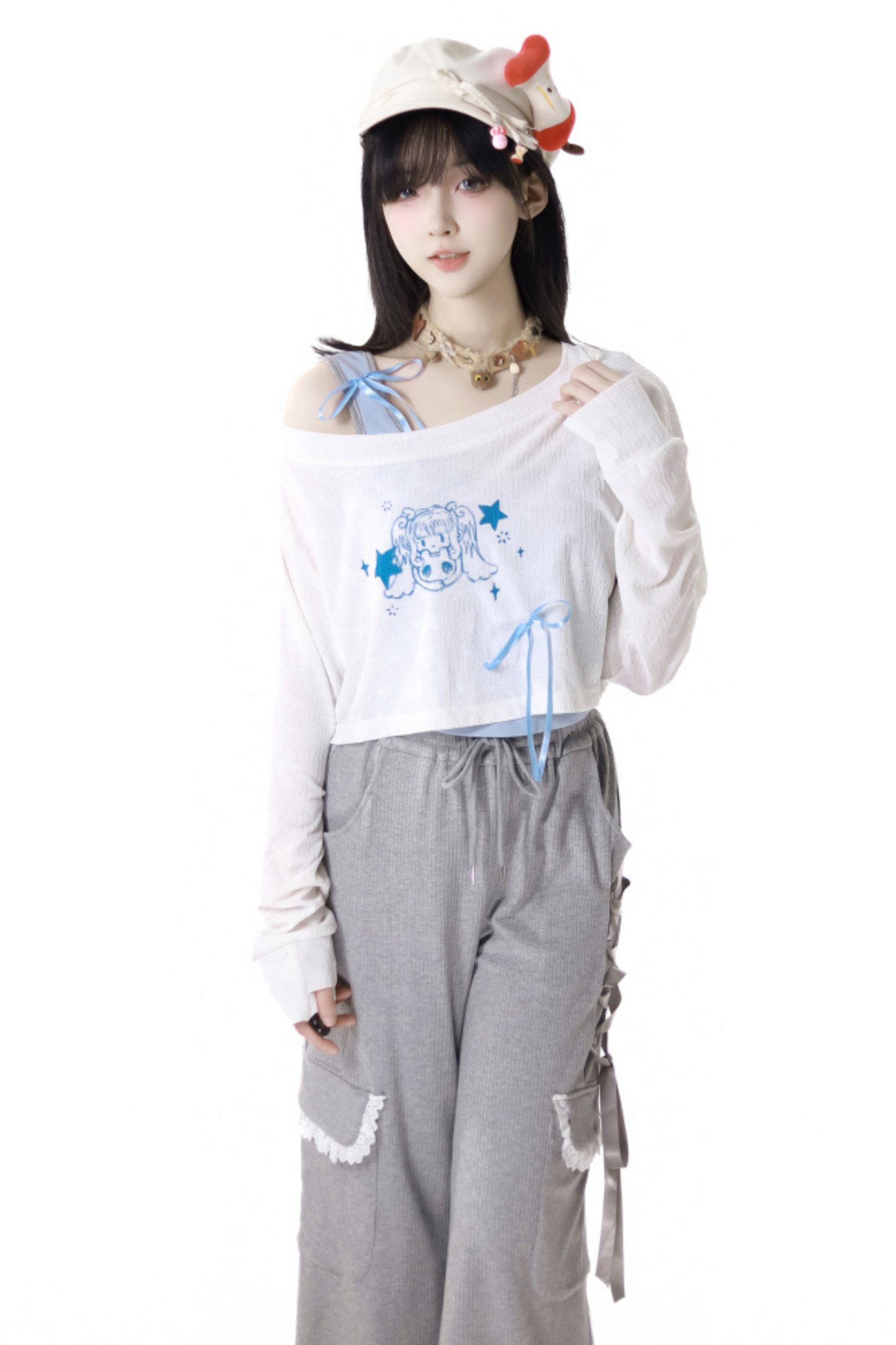 One-shoulder top + pants lace-up camisole