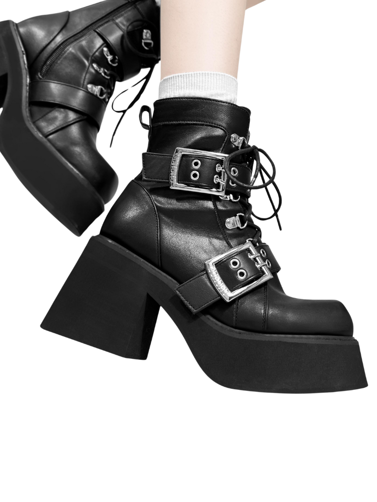 Bottes courtes noires style punk mat à bout carré style sous-culture Y2K