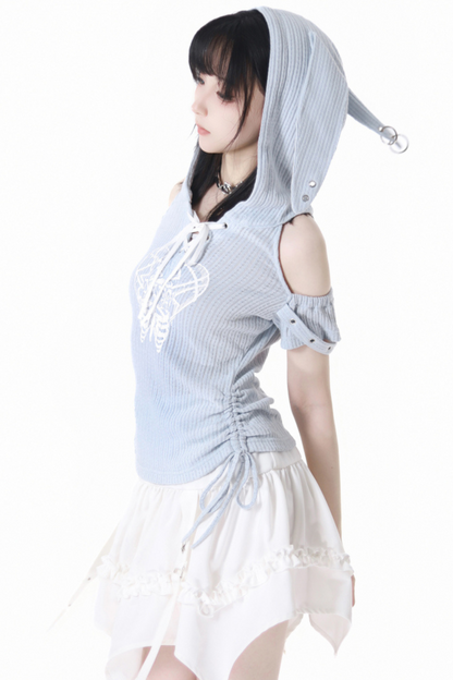 off-the-shoulder cake top + Rabbit hooded skirt