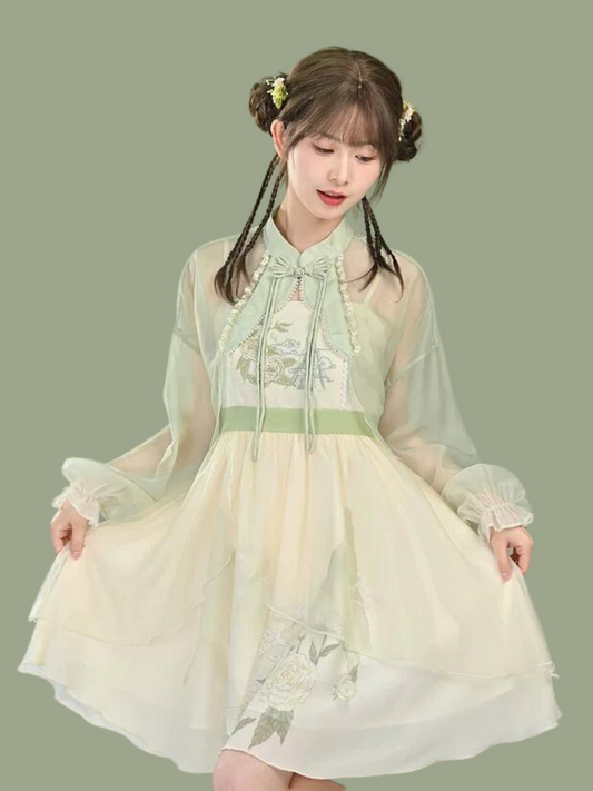 Kleid Cami Chinesisch Chiffon Transparent Jacke Blumen