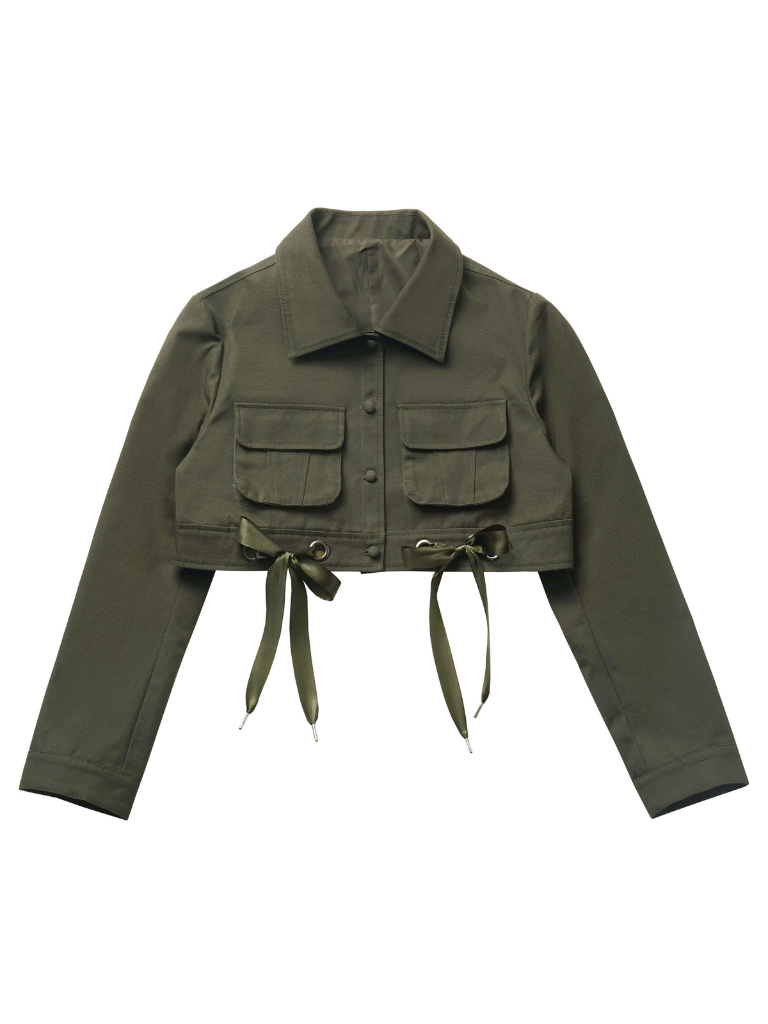 Veste courte américaine en denim vert rétro à licou
