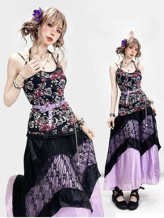 + Floral Top Halter Underskirt Cami Skirt Lace Set- Dress Holiday Neck Black Purple Bittersweet