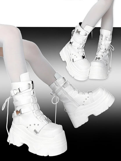 Matte White Punk Stud Bandage Lace-up Details Platform Boots