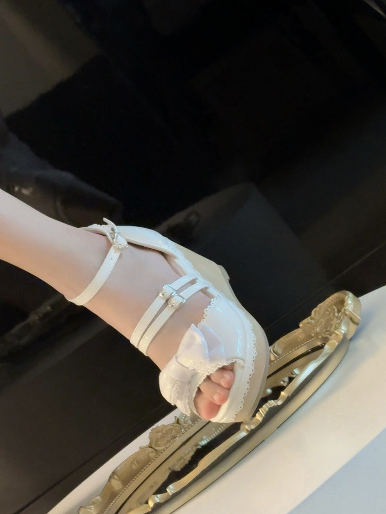School Old White Wedges Sandals Bow Top Sweet at Lolita