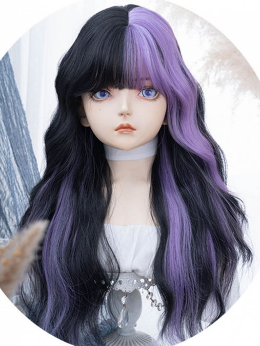 PurpleBlack With Wig 74CM Bangs Length Wavy Air Split Color