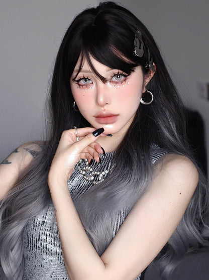 With Ombre Length And Wavy Bangs Wig Black 70CM Gray
