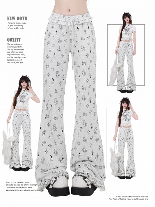 Gray Cuffs Low Waist Kitty and Cross Print Light Glamorous Ruffled Flared Pants