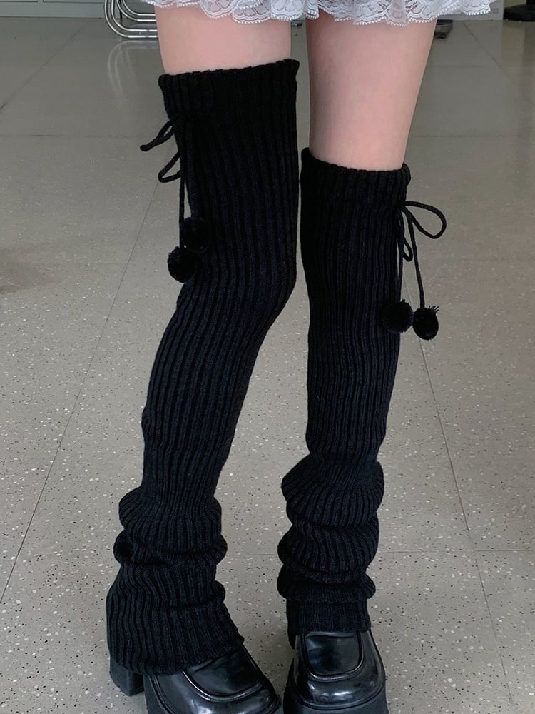 White/Beige/Light Grey/Black Knitted Leg Warmers With Pompons