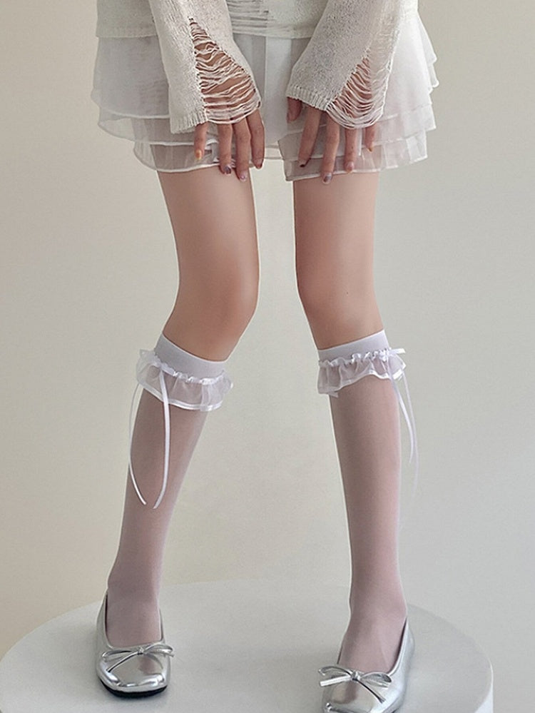 White/Black Semi-sheer Bowknot Ruffle Trim Under Knee Stockings