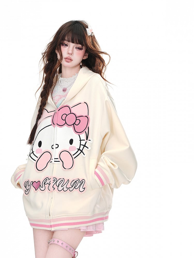 Apricot/Black Kitty Embroidery Oversized Zip Closure Hoodie