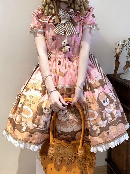 Robe Lolita rose à manches courtes et imprimé chiot et biscuit