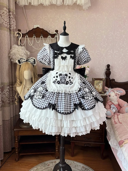 Sleeves Black  White Plaid Bear Lolita Dress Skirt Puff Tiered Embroidery OP