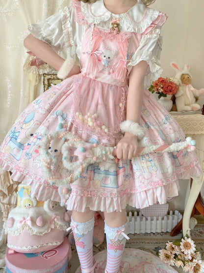 Pink Kitty and Polka Dots Pattern Sweet Lolita Overall Dress