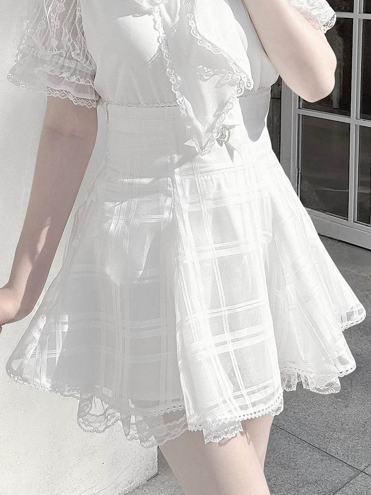Back with Organza Plaid White Detail Kei Jirai Lace-up Skirt