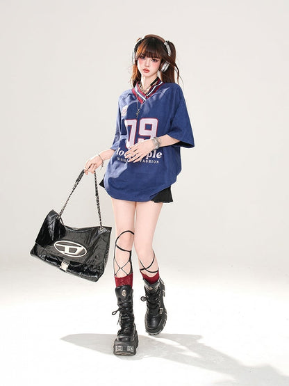 Loose T-Shirt Print Sports Khaki/Navy Blue Preppy Style V-Neck Number