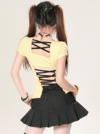 Glamorous Back Design White/Yellow/Black T-shirt Letter Print Criss-cross