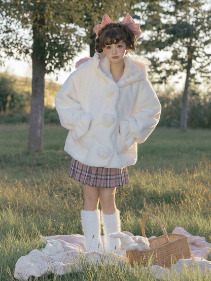 White Cute Lamb Ears Hooded Winter Cozy Plush Coat