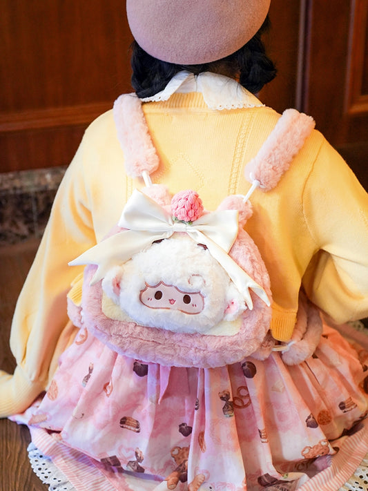 Pink Decorated Lamb Backpack Plush Bowknot