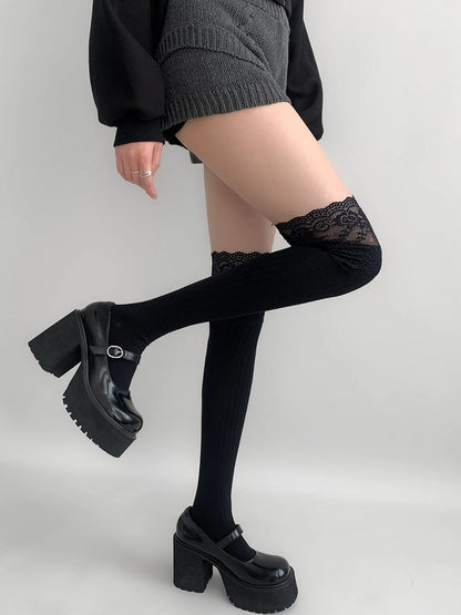 Lace Gray/Beige/Light Gray White/Black/Dark Knitted Over-knee Trim Stockings