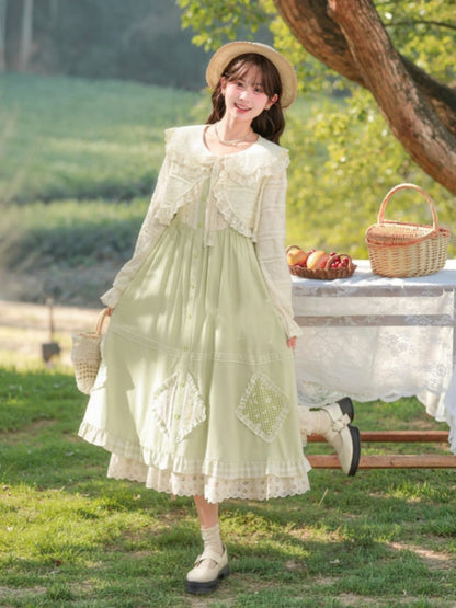 Beige Ruffled Trim Open Placket Lace Top