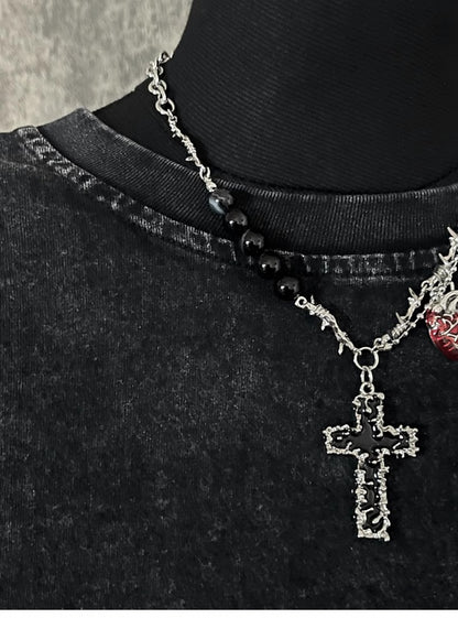 Silver Crossand Heart Pendant Thorn Necklace
