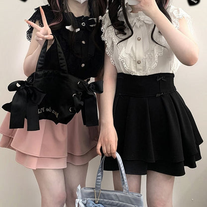 Ärmel Bow Kei und Flatter mit Krawatte Jirai Herzförmige Trim Bluse Schwarz/Weiß Flügelspitze