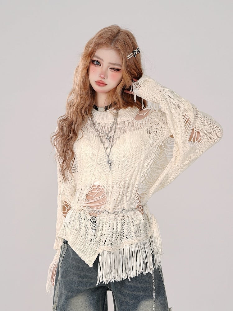 Asymmetrical Distressed Beige Knit Top with Hollow-Out Detail