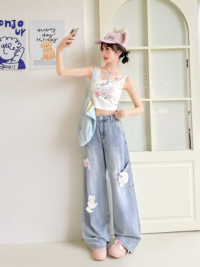 with Detachable Kitty Appliques Blue Wide-Leg Jeans Short/Long Version
