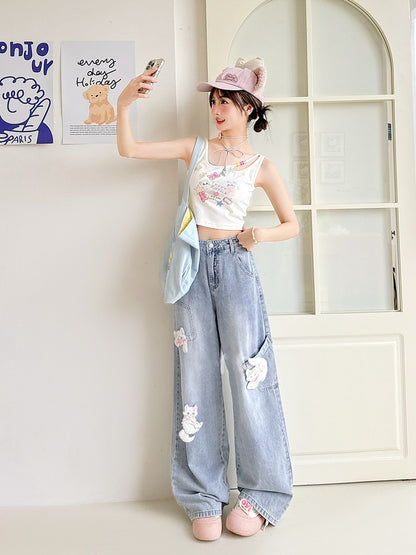 with Detachable Kitty Appliques Blue Wide-Leg Jeans Short/Long Version