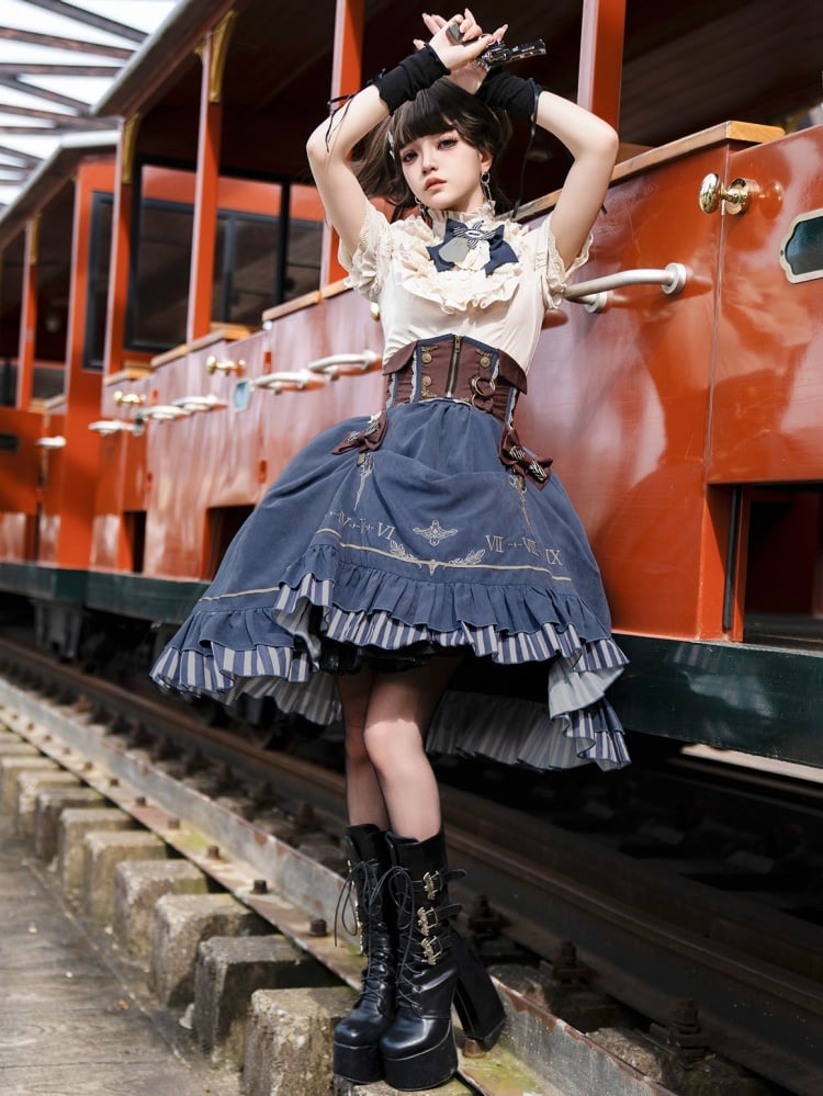 Apricot Ruffle Neckline Shirt + Brown Corset Belt + Blue Skirt Steampunk Lolita Set