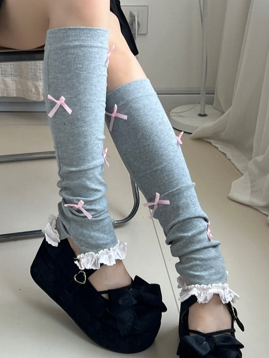Dark Grey Blokette Bowknot Ruffled Cuff Leg Warmers