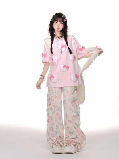 White/Pink Bowknot T-shirt Pattern Cute Kitty