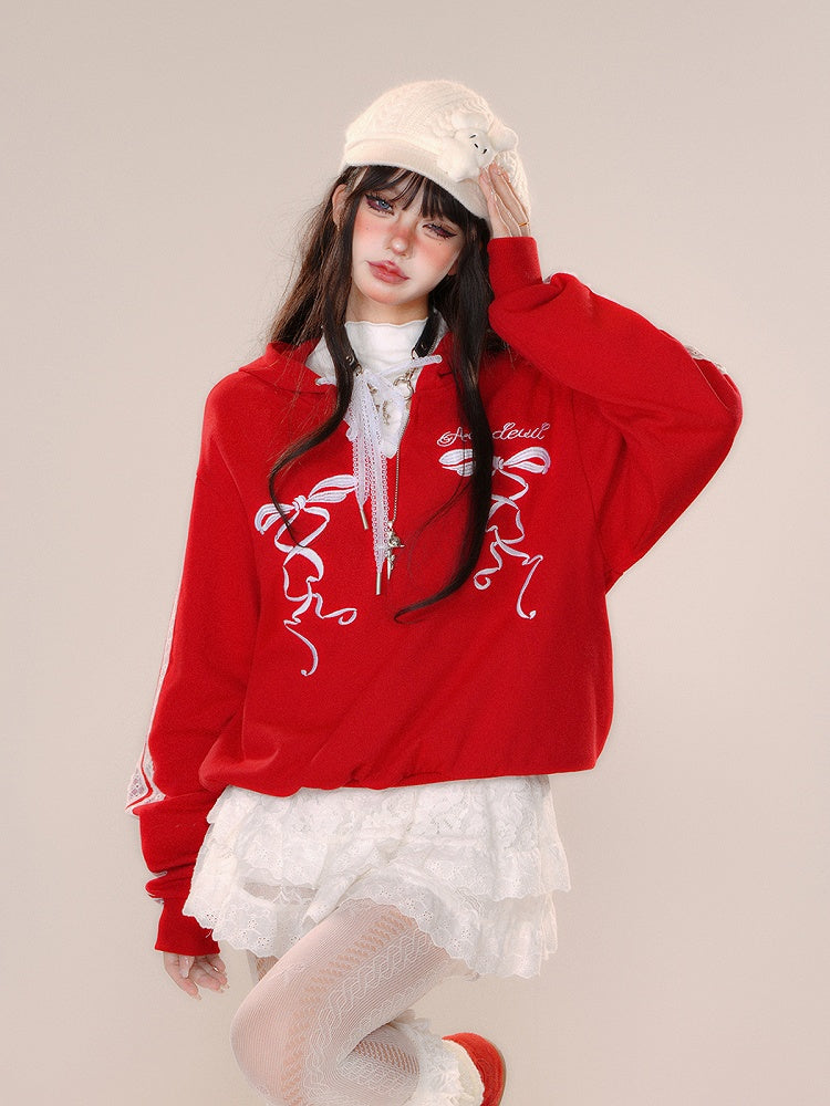 Red Lace-up Bowknot Embroidery Hoodie