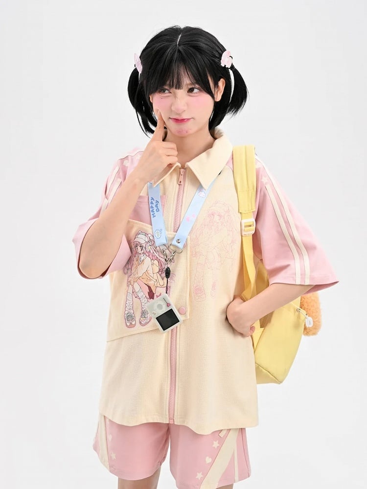 Pink Elastic Waist Loose Shorts