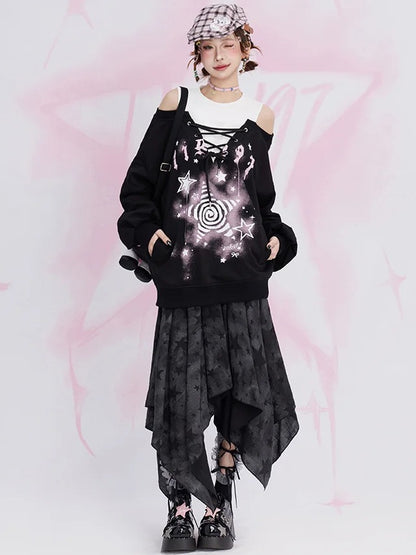 Black Y2K Stars Handkerchief Hem Skirt