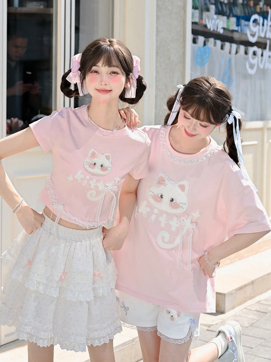 Version T-Shirt Cat Applique Long/Short Pink Plush