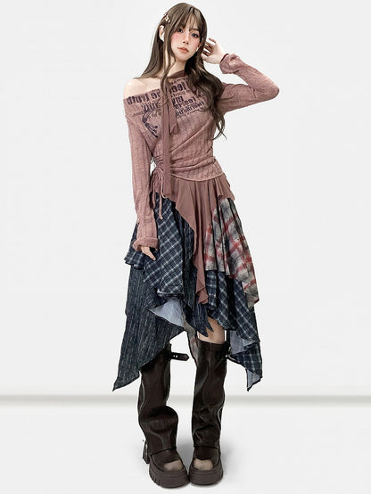 + Scarf Brown Letter Asymmetrical Top Pattern Print Millard Reddish Striped Fashion Hem