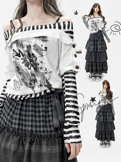 Striped Sleeves WhiteBlack Top Design Print Pattern Neckline Long Off-the-shoulder