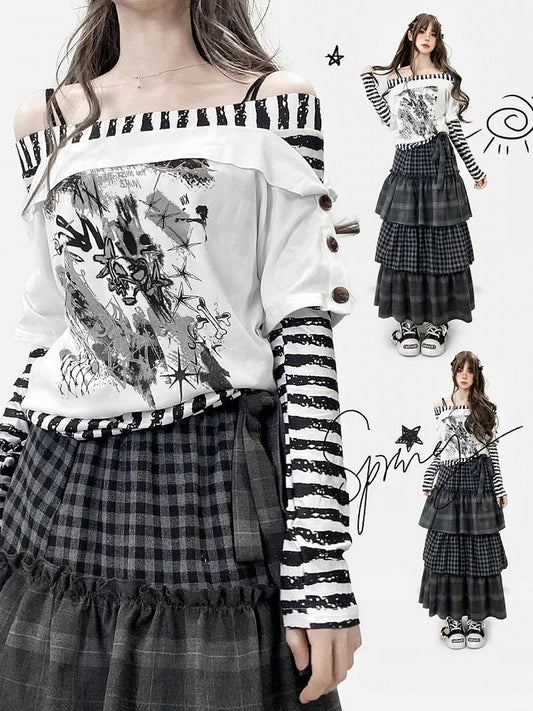 Striped Sleeves WhiteBlack Top Design Print Pattern Neckline Long Off-the-shoulder