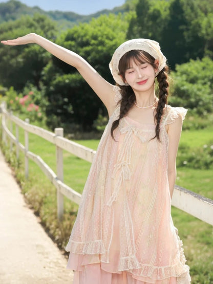 Sleeves Neck Tiered Slip Skirt Polka-dot Dress+Flutter Overdress Yume Kawaii Pink Set-	Halter Two-pieces