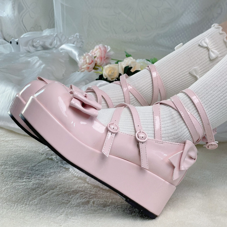 Pink Bowknot Buckle Straps Round Toe Platform Lolita Shoes