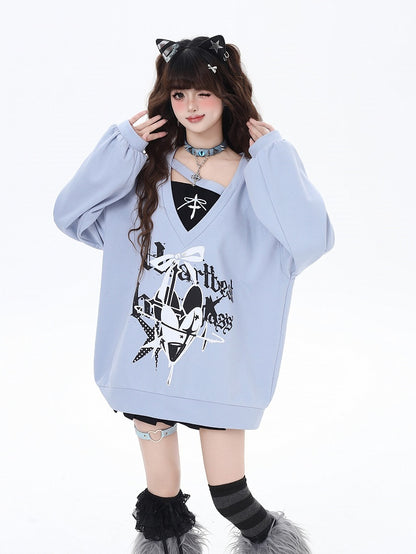 Sweatshirt V-Neck Heart and Bow Print Loose Two-pieces Bittersweet Black/Blue Faux