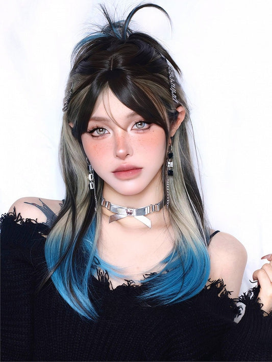 Color Brown 60CM Bangs Straight Ombre Blue Hair With And Wig Length