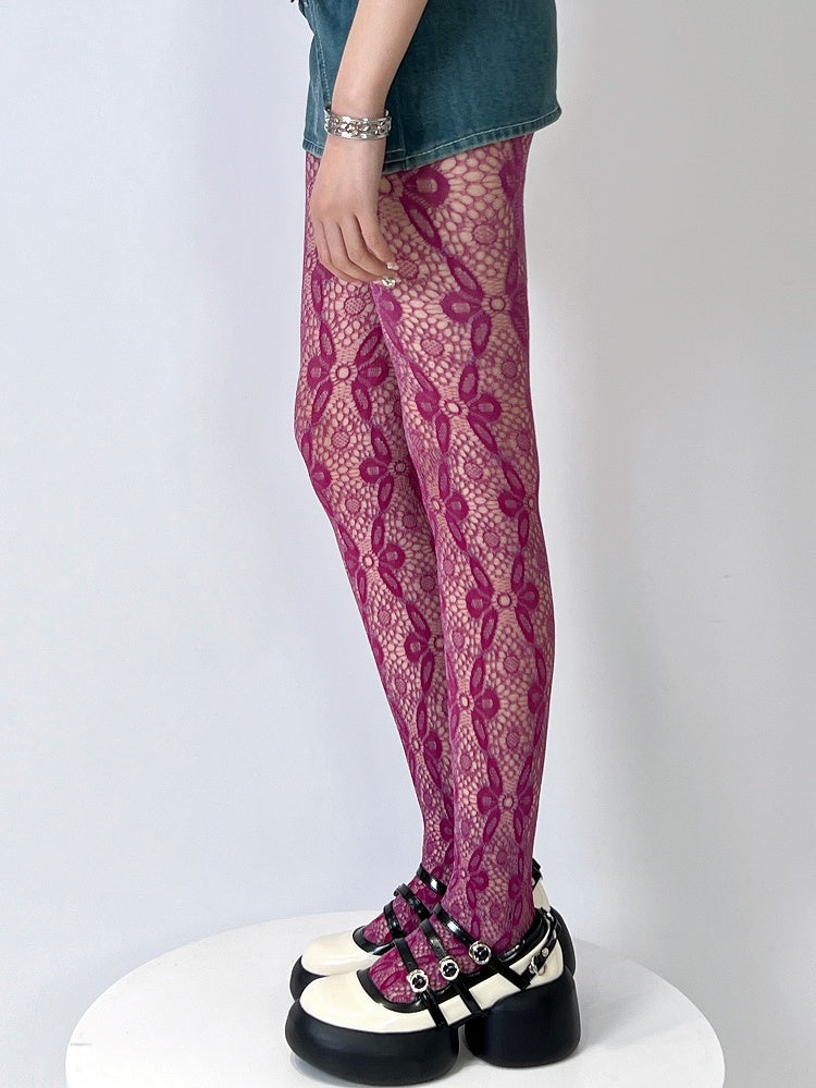 Red Rose Design Floral Hollow-out Tights Pattern